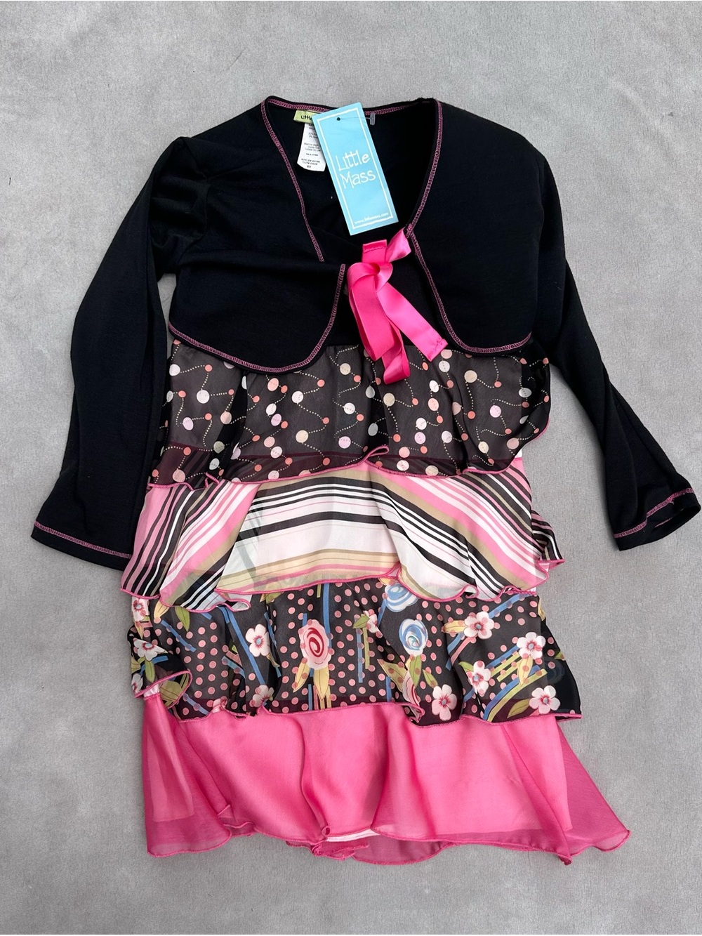 Little Mass Black and Hot Pink Layered Ruffle Dress with Bow